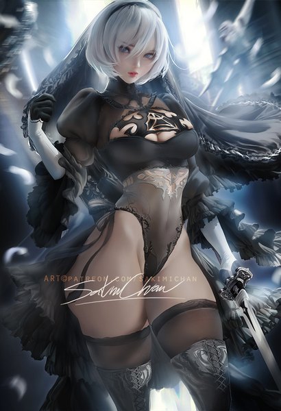 Anime-Bild 684x1000 mit nier nier:automata yorha no. 2 type b sakimichan single tall image looking at viewer fringe short hair breasts blue eyes light erotic hair between eyes large breasts standing holding signed white hair parted lips blurry