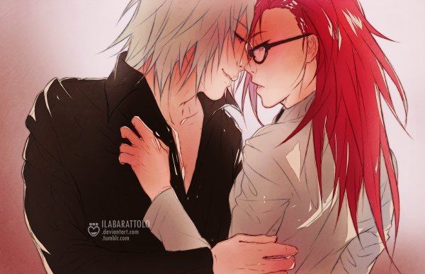Anime picture 1200x774 with naruto studio pierrot naruto (series) karin (naruto) hozuki suigetsu ilabarattolo (artist) long hair short hair simple background red eyes purple eyes signed red hair profile grey hair couple hug face to face partially open clothes girl