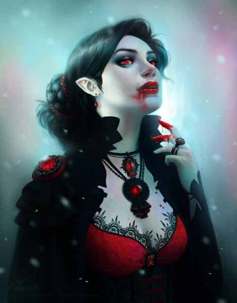 Anime picture 950x1213 with viccolatte single tall image breasts black hair red eyes looking away cleavage braid (braids) parted lips pointy ears realistic lipstick looking up eyeshadow red lipstick vampire bleeding girl earrings