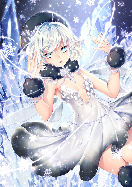 Anime picture 724x1023 with original mirunai single tall image looking at viewer short hair breasts blue eyes standing cleavage ahoge white hair parted lips fingernails wind pointy ears no bra :o zettai ryouiki sleeveless