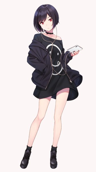 Anime picture 750x1334 with original hyuuga azuri single tall image looking at viewer fringe short hair black hair simple background red eyes standing white background holding full body nail polish head tilt off shoulder grey background open jacket hand in pocket