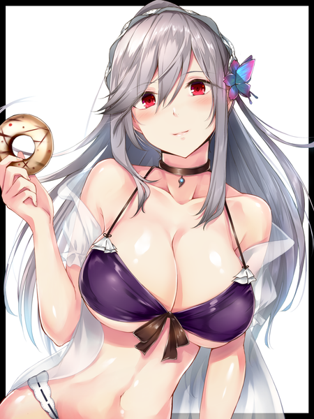 Anime picture 1200x1599 with azur lane dunkerque (azur lane) dunkerque (summer sucre) (azur lane) dabadhi single long hair tall image looking at viewer blush fringe breasts light erotic simple background hair between eyes red eyes large breasts white background bare shoulders holding payot