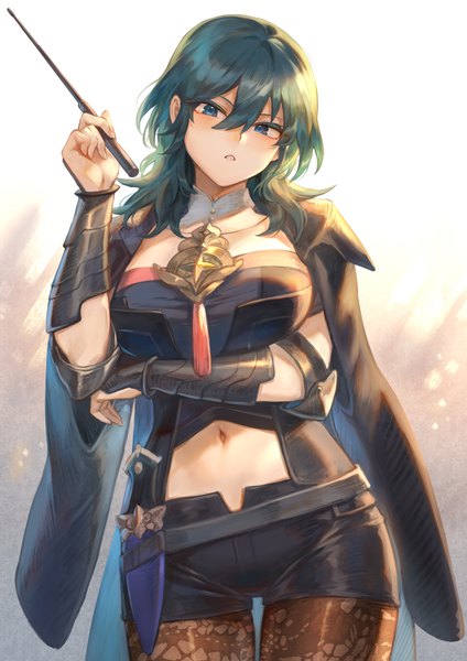 Anime picture 1302x1842 with fire emblem fire emblem: three houses nintendo byleth (fire emblem) byleth (female) (fire emblem) mashuu (neko no oyashiro) single long hair tall image looking at viewer blush fringe breasts blue eyes simple background hair between eyes standing holding blue hair parted lips