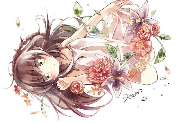 Anime picture 900x614 with deemo girl (deemo) yamamoto akie single long hair blush brown hair white background brown eyes signed braid (braids) parted lips copyright name side braid girl flower (flowers) petals