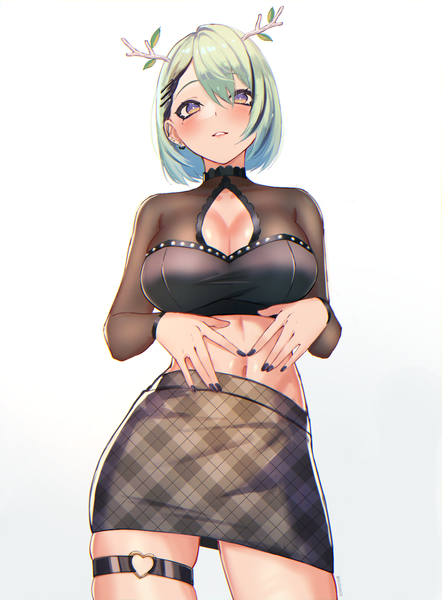 Anime picture 3195x4334 with virtual youtuber hololive hololive english ceres fauna gudanco (nyanmeowzer) single tall image looking at viewer blush fringe highres short hair breasts light erotic simple background hair between eyes large breasts standing white background absurdres