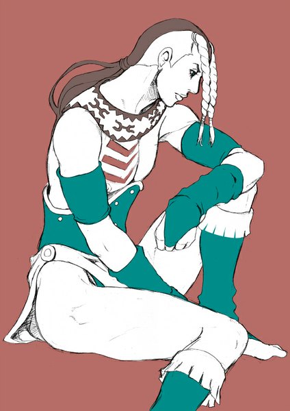 Anime picture 566x800 with jojo no kimyou na bouken steel ball run sandman (sbr) chounorin single long hair tall image simple background brown hair sitting bent knee (knees) profile looking down red background partially colored native american boy