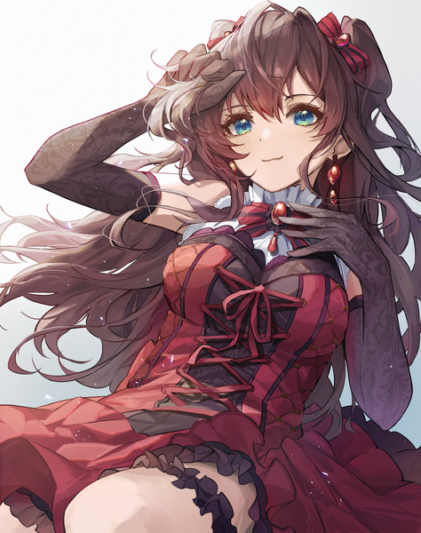 Anime picture 2813x3560 with idolmaster idolmaster cinderella girls ichinose shiki shino sto single long hair tall image fringe highres blue eyes simple background hair between eyes brown hair white background looking away two side up invitation dive girl dress gloves