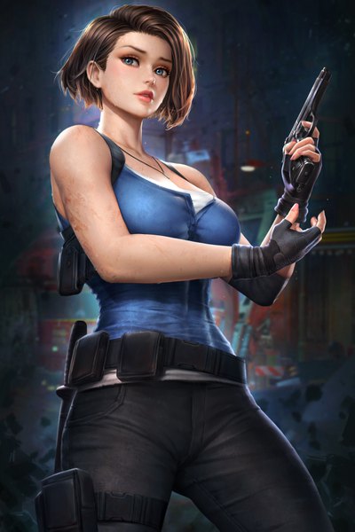 Anime picture 2400x3597 with resident evil resident evil 3 jill valentine nudtawut thongmai single tall image looking at viewer blush highres short hair breasts blue eyes brown hair standing bare shoulders holding outdoors lips realistic lipstick