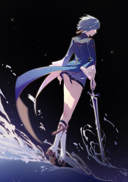Anime picture 2480x3508 with genshin impact xingqiu (genshin impact) artue tall image highres short hair light erotic blue hair full body ass wind from behind sparkle boy weapon sword water