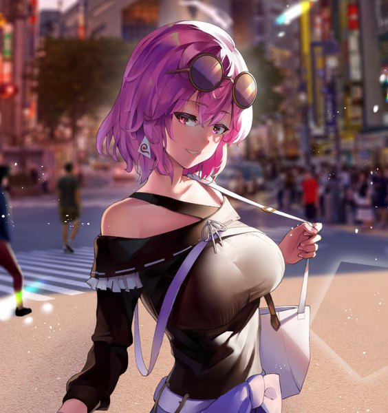 Anime picture 784x834 with touhou saigyouji yuyuko aya (lezon) tall image looking at viewer blush fringe short hair breasts smile hair between eyes large breasts standing bare shoulders pink hair upper body outdoors long sleeves parted lips pink eyes