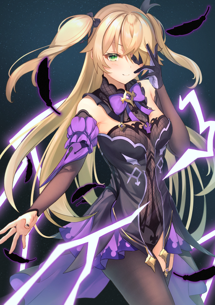 Anime picture 595x842 with genshin impact fischl (genshin impact) nokke o single long hair tall image looking at viewer blush fringe simple background blonde hair smile green eyes nail polish two side up electricity girl detached sleeves detached collar feather (feathers)