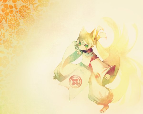 Anime picture 1280x1024 with puti devil looking at viewer blonde hair green eyes animal ears tail animal tail yellow background