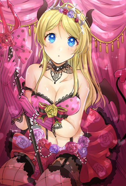 Anime picture 984x1457 with love live! school idol project sunrise (studio) love live! ayase eli kazehana (spica) single long hair tall image looking at viewer blush fringe breasts blue eyes light erotic blonde hair hair between eyes large breasts bare shoulders payot cleavage