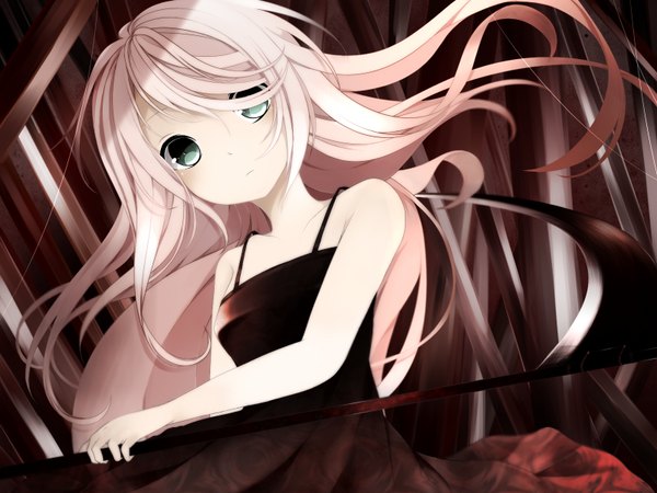 Anime picture 1600x1200 with vocaloid ia (vocaloid) yakaro (pokapoka0802) single long hair looking at viewer fringe blue eyes bare shoulders holding pink hair from below girl dress weapon black dress scythe
