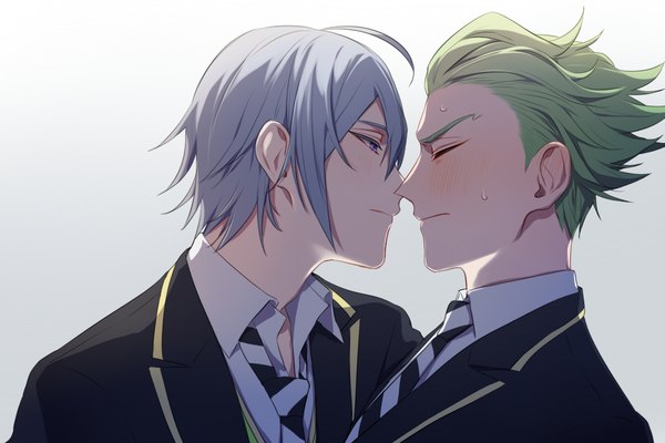 Anime picture 1200x800 with twisted wonderland silver (twisted wonderland) sebek zigvolt dodoss dont blush short hair simple background purple eyes ahoge eyes closed profile green hair grey hair multiple boys sweat embarrassed gradient background shounen ai almost kiss boy