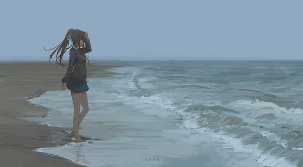 Anime picture 3508x1946 with doki doki literature club monika (doki doki literature club) faiz azhar single long hair highres brown hair wide image sky full body outdoors ponytail eyes closed profile barefoot beach partially submerged horizon hand on head girl