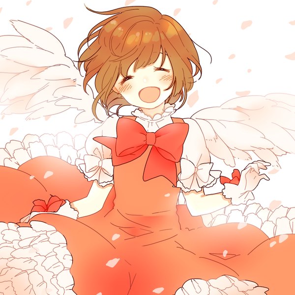 Anime picture 1000x1000 with card captor sakura clamp kinomoto sakura sumisu (yuttem) single fringe short hair open mouth brown hair white background eyes closed wind happy angel wings magical girl girl dress gloves bow petals