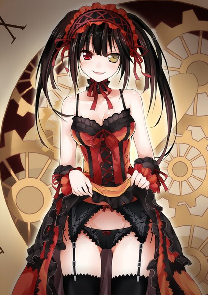Anime-Bild 1400x1980 mit date a live tokisaki kurumi qiuzhi huiyi single long hair tall image looking at viewer blush fringe breasts open mouth light erotic black hair smile red eyes twintails bare shoulders holding yellow eyes payot