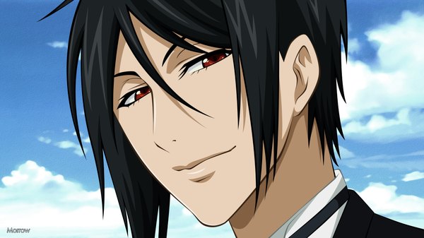 Anime picture 2200x1238 with kuroshitsuji a-1 pictures sebastian michaelis morrow single looking at viewer highres short hair black hair smile red eyes wide image face butler boy