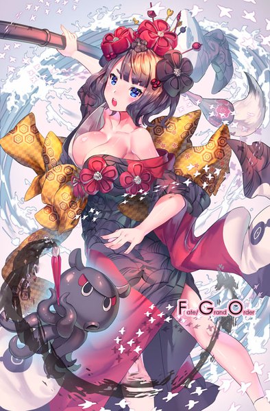 Anime picture 526x800 with fate (series) fate/grand order katsushika hokusai (fate/grand order) tokitarou (fate/grand order) yoshimoto (dear life) single tall image short hair breasts open mouth blue eyes light erotic black hair large breasts traditional clothes japanese clothes copyright name girl hair ornament animal