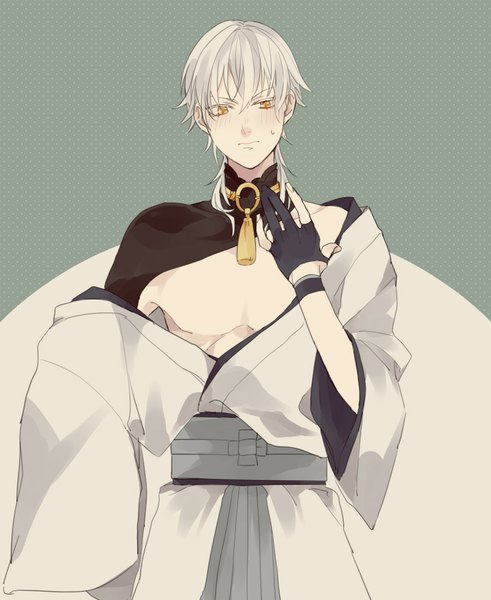 Anime picture 900x1100 with touken ranbu nitroplus tsurumaru kuninaga syubare single long hair tall image blush standing yellow eyes white hair traditional clothes japanese clothes off shoulder embarrassed sweatdrop polka dot polka dot background boy gloves