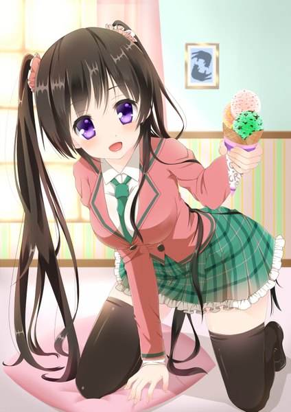 Anime picture 1200x1697 with original hakuda tofu single long hair tall image blush breasts open mouth black hair smile large breasts purple eyes twintails looking away indoors sunlight kneeling plaid skirt happy girl