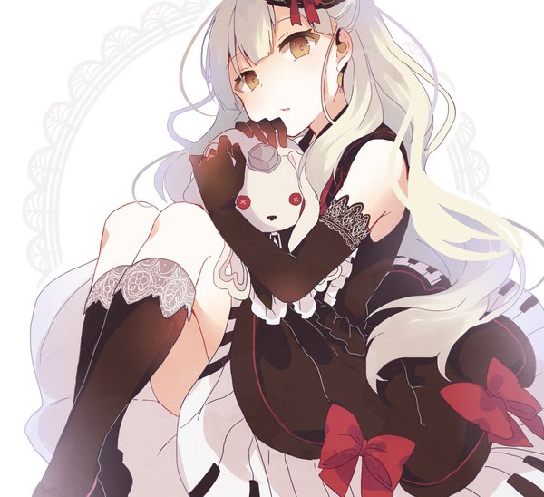 Anime picture 1913x1748 with vocaloid mayu (vocaloid) kaneko aaru single long hair looking at viewer fringe highres blonde hair white background sitting brown eyes sleeveless girl dress gloves bow black gloves socks elbow gloves