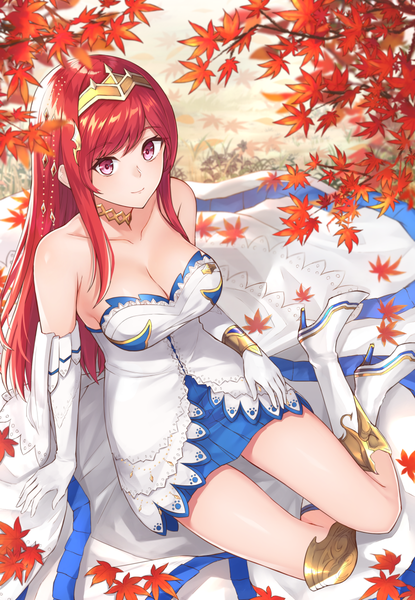 Anime picture 831x1200 with shingeki no bahamut granblue fantasy henriette (shingeki no bahamut) gen (gen 7254) single long hair tall image fringe breasts light erotic large breasts sitting bare shoulders payot looking away full body bent knee (knees) red hair pleated skirt pink eyes