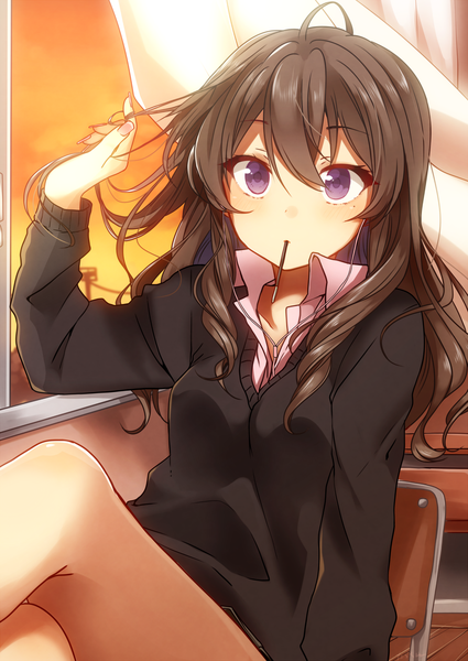 Anime picture 1500x2118 with original tarachine single long hair tall image looking at viewer blush brown hair purple eyes holding sky cloud (clouds) ahoge bent knee (knees) indoors nail polish pleated skirt fingernails mole mole under eye