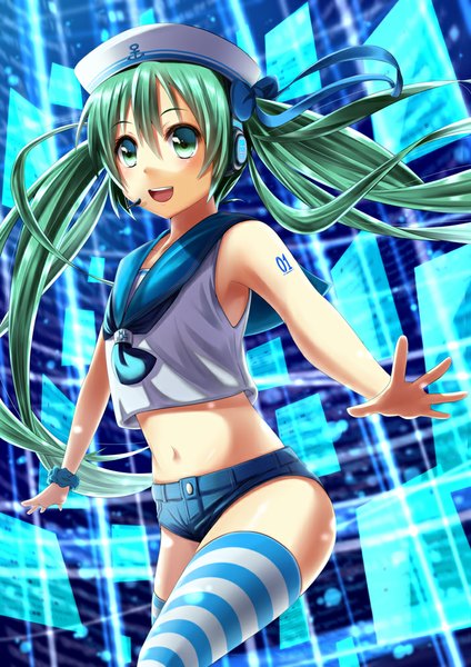 Anime picture 702x993 with vocaloid hatsune miku marine miku fukuma single long hair tall image blush open mouth light erotic smile green eyes green hair midriff girl thighhighs navel ribbon (ribbons) hair ribbon shorts