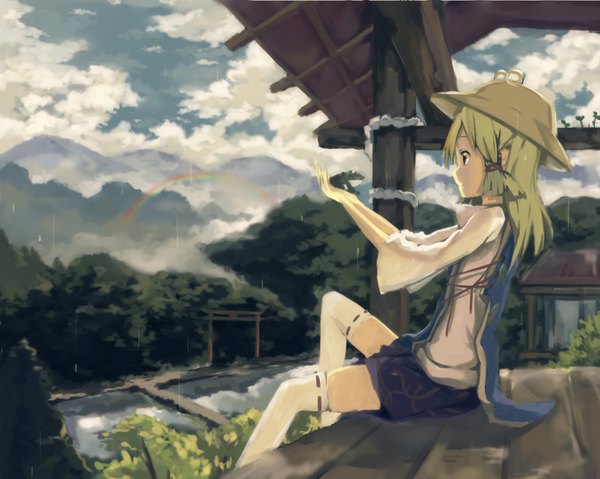 Anime picture 3999x3199 with touhou moriya suwako huanxiang heitu single long hair highres blonde hair sitting absurdres traditional clothes japanese clothes profile black eyes rain mountain landscape girl thighhighs hat white thighhighs