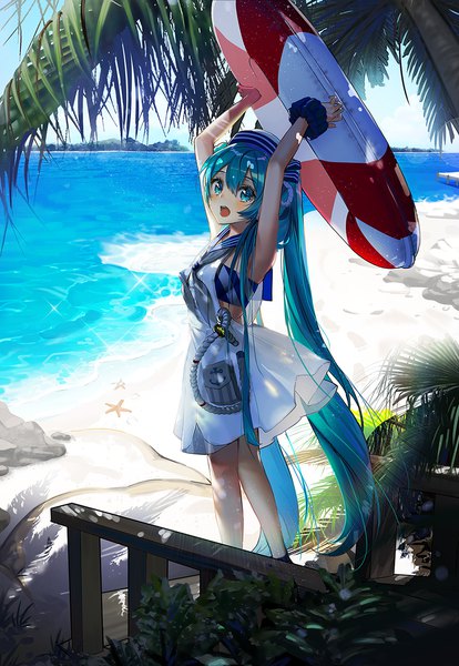 Anime-Bild 900x1302 mit vocaloid hatsune miku honnou (kjs9504) single tall image looking at viewer blush fringe open mouth hair between eyes standing twintails holding sky cloud (clouds) outdoors very long hair aqua eyes wind sunlight