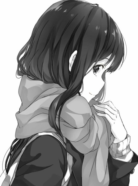 Anime picture 600x807 with original mirai denki single long hair tall image looking at viewer fringe black hair simple background white background profile arm up fingernails black eyes monochrome girl scarf