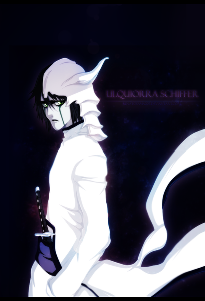 Anime picture 690x1012 with bleach studio pierrot ulquiorra schiffer minatosama207 single tall image short hair black hair green eyes traditional clothes japanese clothes horn (horns) inscription coloring facial mark hand in pocket espada boy weapon sword