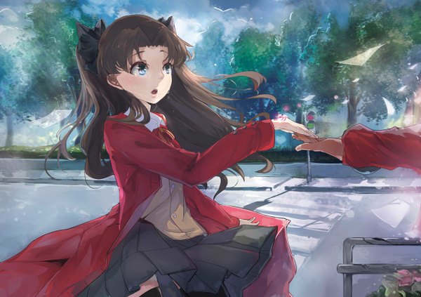 Anime picture 1240x876 with fate (series) fate/stay night type-moon toosaka rin archer (fate) mitu yang long hair open mouth blue eyes black hair standing twintails looking away outdoors pleated skirt wind sunlight open clothes open jacket zettai ryouiki