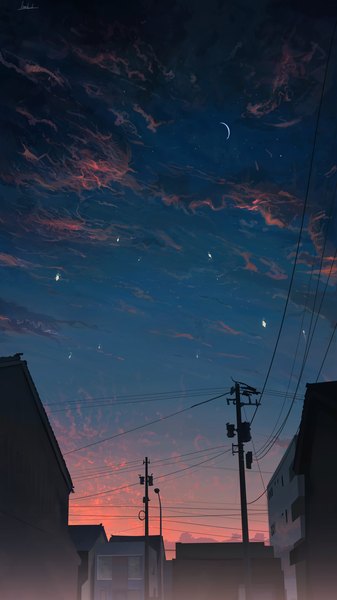 Anime picture 2160x3840 with original banishment tall image highres sky cloud (clouds) evening sunset no people landscape crescent building (buildings) moon power lines