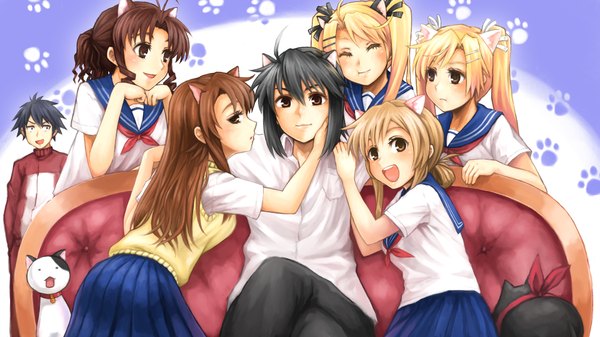 Anime picture 1920x1080 with nyan koi mizuno kaede kirishima akari sumiyoshi kanako kirishima kotone kousaka junpei ichinose nagi long hair fringe highres short hair black hair blonde hair smile brown hair wide image sitting twintails brown eyes animal ears