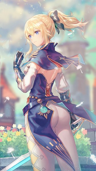 Anime picture 1080x1920 with genshin impact jean gunnhildr anbe yoshirou single long hair tall image fringe breasts blue eyes blonde hair smile hair between eyes standing holding payot looking away sky cloud (clouds) outdoors ass