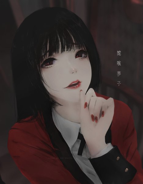 Anime picture 3352x4300 with kakegurui jabami yumeko aoi ogata single long hair tall image looking at viewer fringe highres open mouth black hair red eyes absurdres upper body blunt bangs nail polish fingernails lipstick red lipstick hand to mouth