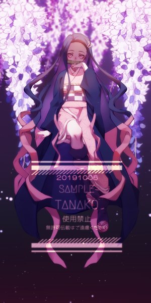Anime picture 2000x4000 with kimetsu no yaiba ufotable kamado nezuko tanako (645316096) single tall image looking at viewer highres black hair signed full body very long hair traditional clothes japanese clothes pink eyes dated girl flower (flowers) kimono obi