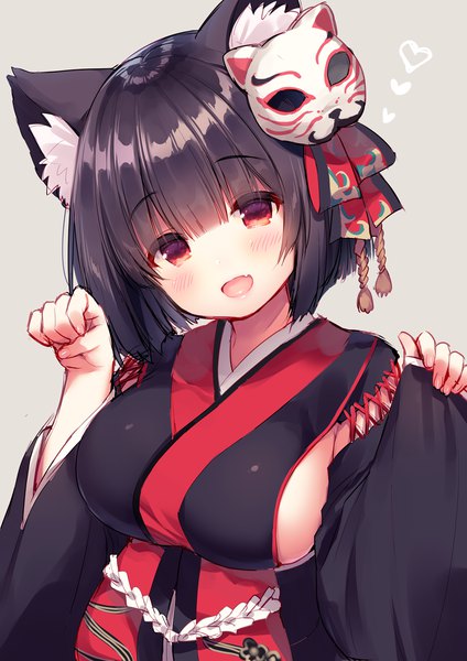 Anime picture 900x1273 with azur lane yamashiro (azur lane) usashiro mani single tall image looking at viewer blush fringe short hair breasts open mouth light erotic black hair simple background hair between eyes red eyes animal ears blunt bangs traditional clothes head tilt