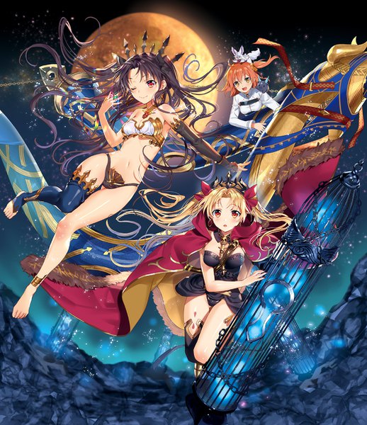 イラスト 1044x1208 と Fateシリーズ fate/grand order イシュタル(fate) エレシュキガル(fate) 藤丸立香 フォウ(fate) gugalanna 村上 長髪 長身像 カメラ目線 赤面 短い髪 おっぱい light erotic 金髪 赤い目 大きな乳房 multiple girls 全身