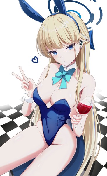 Anime picture 1760x2879 with blue archive toki (blue archive) toki (bunny) (blue archive) uaru single long hair tall image looking at viewer fringe highres breasts blue eyes light erotic blonde hair large breasts white background sitting bare shoulders animal ears blunt bangs
