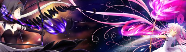 Anime picture 3840x1080 with mahou shoujo madoka magica shaft (studio) akemi homura kaname madoka goddess madoka akuma homura kanchan (kanchan220) long hair highres black hair red eyes wide image twintails multiple girls pink hair cleavage very long hair profile pink eyes short twintails