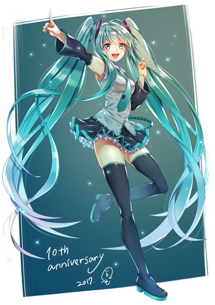 Anime picture 1410x2000 with vocaloid hatsune miku motobi (mtb umk) single tall image fringe open mouth hair between eyes standing twintails full body ahoge very long hair :d aqua eyes aqua hair outstretched arm standing on one leg anniversary 2017