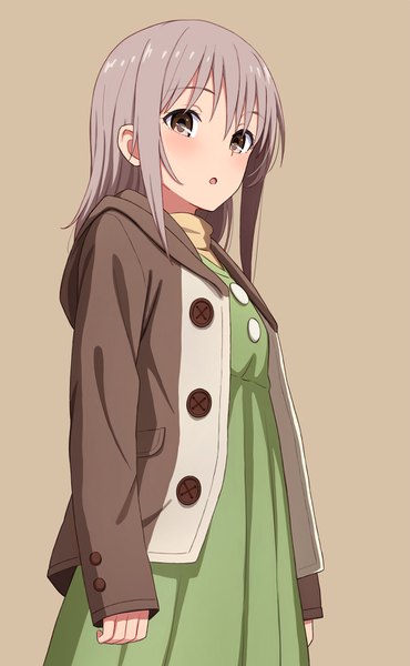 Anime picture 1012x1641 with working!! a-1 pictures muranushi sayuri yahiro (epicopeiidae) single long hair tall image looking at viewer blush fringe open mouth simple background brown eyes grey hair open jacket brown background girl jacket buttons