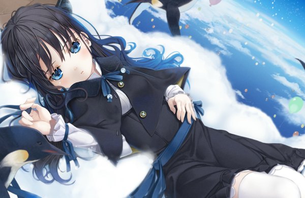 Anime picture 1179x769 with original amamiya chiharu single long hair looking at viewer blush fringe open mouth blue eyes holding sky cloud (clouds) lying dark hair girl thighhighs ribbon (ribbons) animal white thighhighs belt