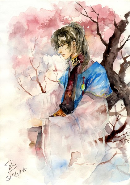 Anime picture 1000x1424 with original sinvia single long hair tall image fringe brown hair sitting brown eyes signed ponytail traditional clothes profile cherry blossoms looking down traditional media watercolor (medium) boy plant (plants) tree (trees)