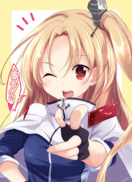 Anime picture 1600x2200 with azur lane cleveland (azur lane) sorairo porin single long hair tall image looking at viewer blush fringe open mouth simple background blonde hair hair between eyes red eyes upper body one eye closed wink hand on hip one side up outstretched arm