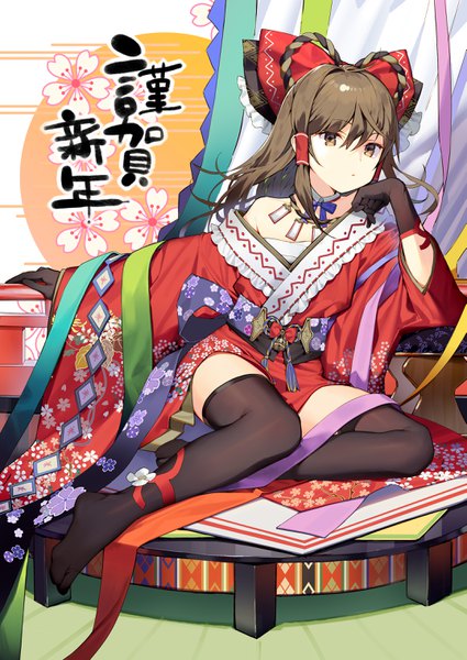 Anime picture 2149x3035 with touhou hakurei reimu kitada mo single long hair tall image looking at viewer fringe highres hair between eyes brown hair sitting bare shoulders brown eyes payot traditional clothes japanese clothes off shoulder alternate costume no shoes